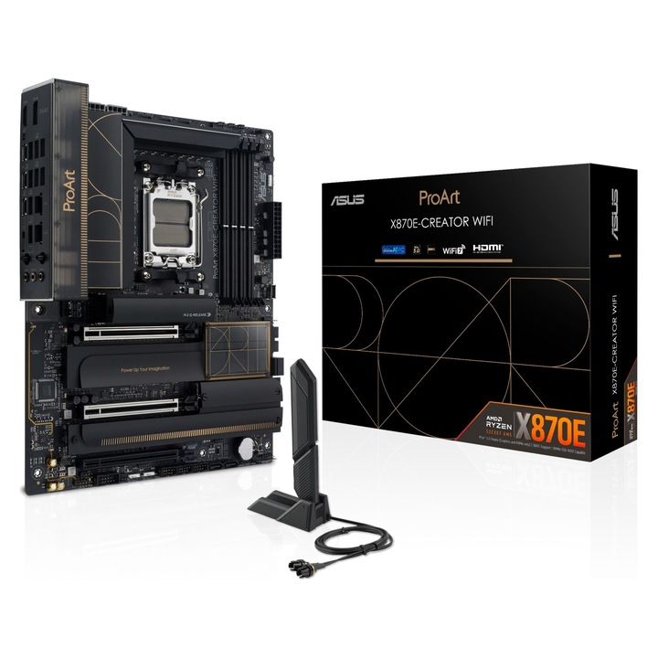 Placa de baza ASUS ProArt X870E-CREATOR WIFI, Socket AM5 pentru AMD Ryzen, ATX, DDR5 pana la 192 GB, Wi‑Fi 7, USB4, 10 Gigabit Ethernet, Negru