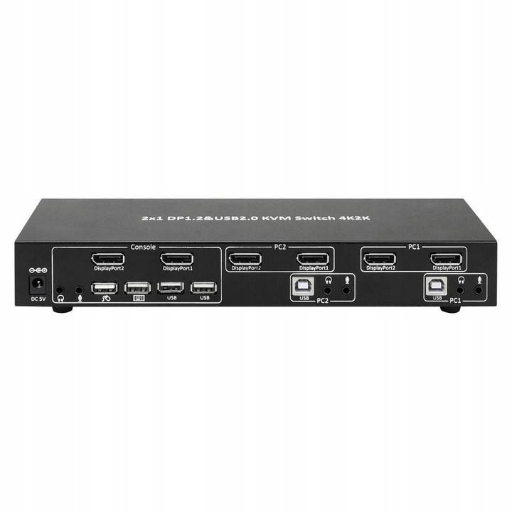 Techly 101928 KVM kapcsoló 2x1 DisplayPort/USB, kettős 4K@30Hz videó, USB 2.0 portok perifériákhoz, fekete, 1 db