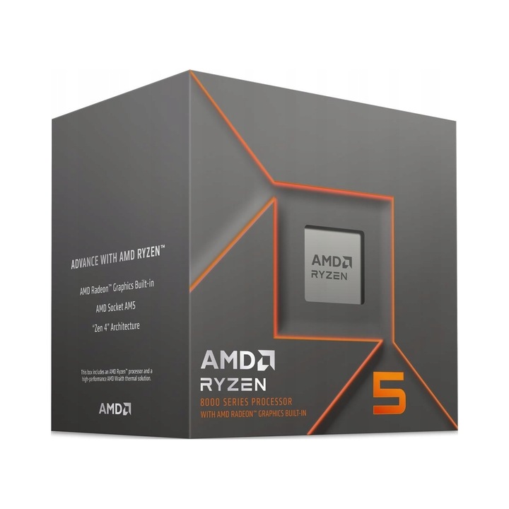 Procesor CPU AMD Ryzen 5 8500G, socket AM5, 6 nuclee/12 fire, 3.5/5.0 GHz turbo, TDP 65W, cu grafica integrata Radeon 740M, compatibil DDR5-5200/3600, versiune BOX cu cooler, gri, 1 buc
