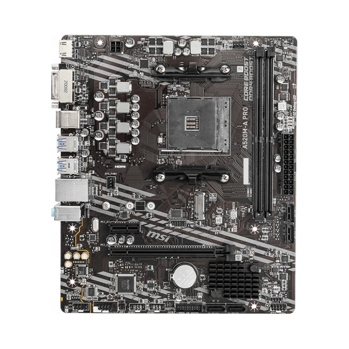 Комплект дънна платка и компоненти MSI A520M-A PRO Micro ATX, цокъл AM4, чипсет AMD A520, DDR4 3200 MHz, M.2 NVMe, USB 3.2, включва процесор Ryzen 5 3600, 16GB (2x8GB) DDR4, охладител Segotep, Черен, 1 комплект
