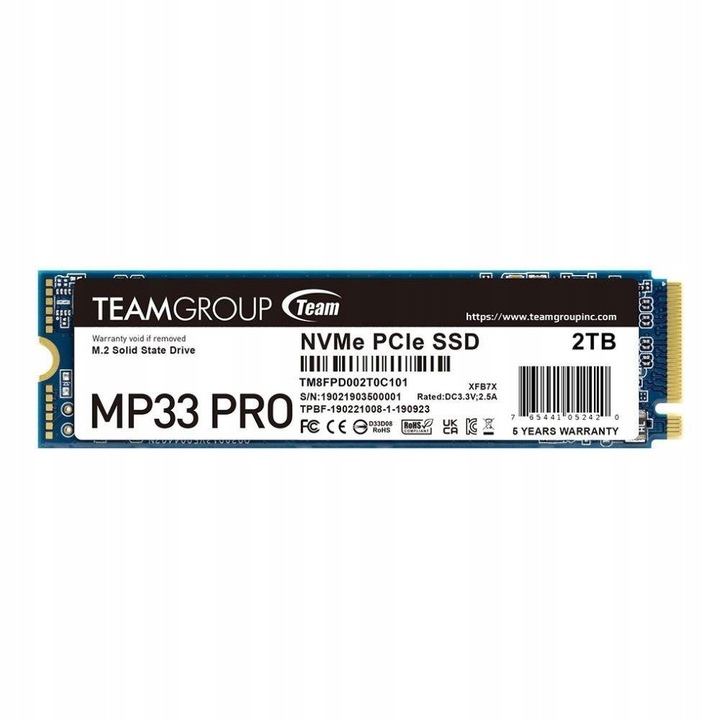 SSD belső Team Group MP33 Pro 2TB M.2 PCIe 3.0 NVMe, olvasás 2100MB/s, írás 1700MB/s