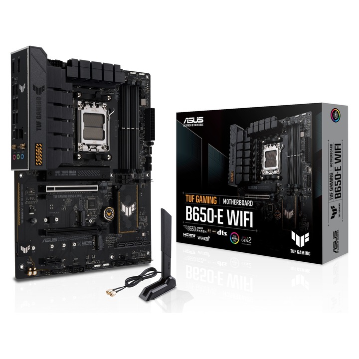 Дънна платка ASUS TUF GAMING B650-E WIFI, цокъл AM5, DDR5 до 8000 MHz, ATX, Wi‑Fi 6E & Bluetooth 5.3, 2.5Gb LAN, 3x M.2, черна, 1 бр