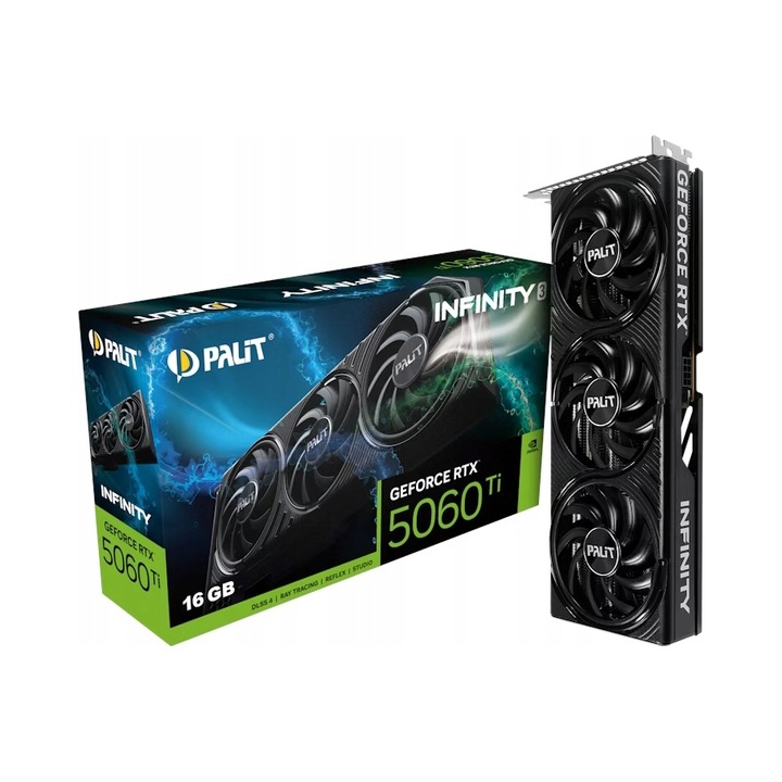 Placa video Palit GeForce RTX 5060 Ti Infinity 3, 16 GB GDDR7, PCIe 5.0 x16, HDMI 2.1b/DisplayPort 2.1b, Negru, 292 mm