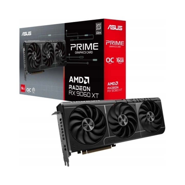 Placa video ASUS Prime Radeon RX 9060 XT OC 16GB GDDR6, negru, 30.4x12.6x5cm