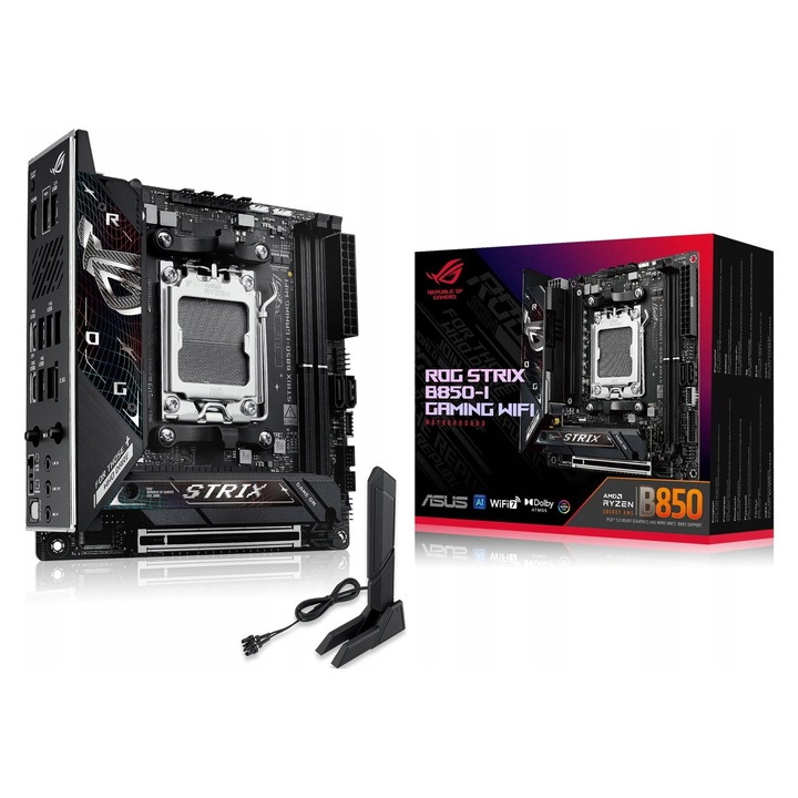 Placa de baza ASUS ROG STRIX B850-I GAMING WIFI, Socket AM5, DDR5, Mini-ITX, PCIe 5.0, Wi-Fi si Bluetooth, 2 x SATA 3, RAID 0/1/5/10, 170x170 mm