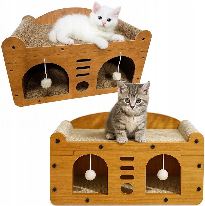 Драскалка за котки, легло/място за спане, от картон и MDF, екологична, на етажи с тунел и играчка тип топка, естествено дърво