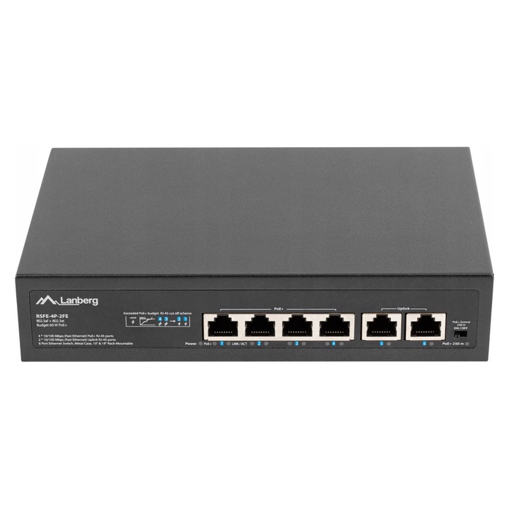 Switch Lanberg RSFE-4P-2FE-60 PoE+ 6 porturi 60W negru 10x19 inch