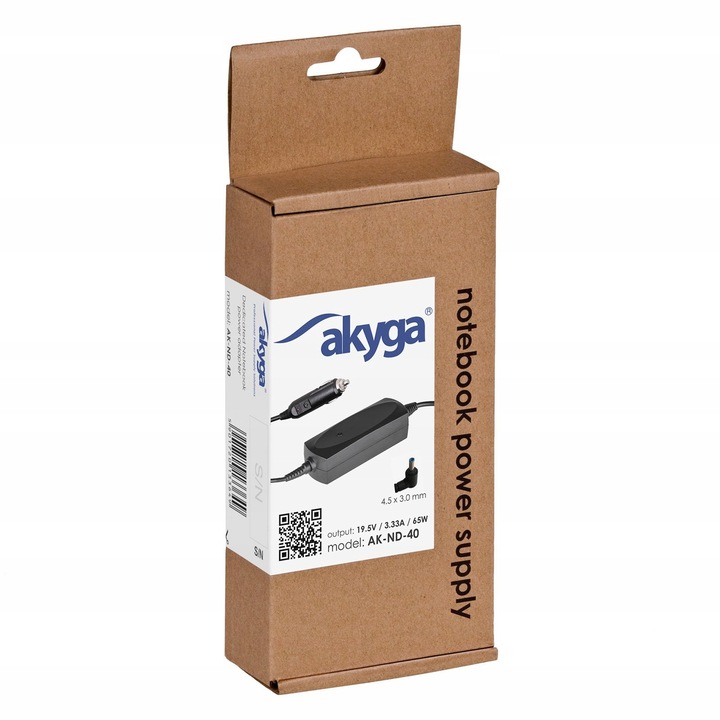 Akyga AK-ND-40 autós töltő notebookhoz/autós adapter, 65W, 19.5V/3.33A, 4.5x3.0 mm csatlakozó, HP kompatibilis, Fekete