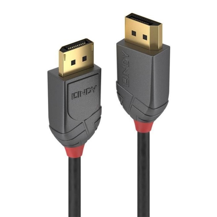 Lindy Anthra Line DisplayPort 1.4 kábel 36482, 8K UHD 60Hz, 32.4 Gbit/s, 24K aranyozott csatlakozók, hármas árnyékolás, fekete, 2m