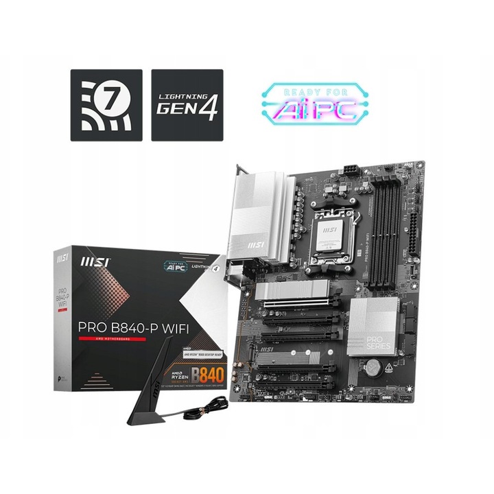 Дънна платка MSI PRO B840-P WIFI, цокъл AM5, чипсет AMD B840, DDR5 до 256GB, вграден Wi‑Fi 7, Bluetooth 5.4, 2.5 Gigabit Ethernet, M.2 PCIe 4.0, ATX, черна, 1 бр