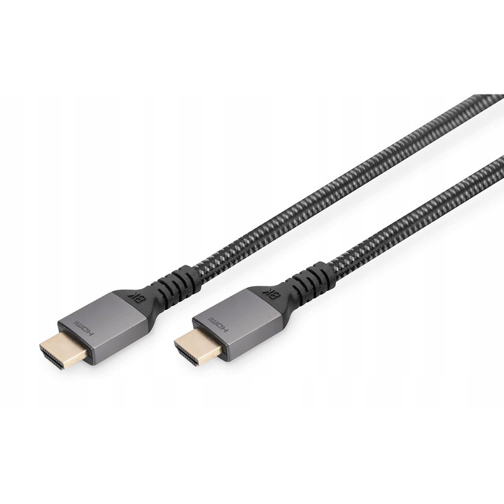 Digitus Premium HDMI 2.1 Ultra High Speed kábel, 48 Gbps, 8K/60Hz és 4K/120Hz támogatás, aranyozott csatlakozók, nylon fonat, fekete, 3m