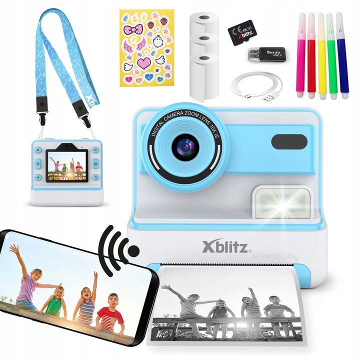 Xblitz Flash Blue azonnali fényképezőgép gyerekeknek beépített hőnyomtatóval, 16GB microSD kártyával, kék, 1 db