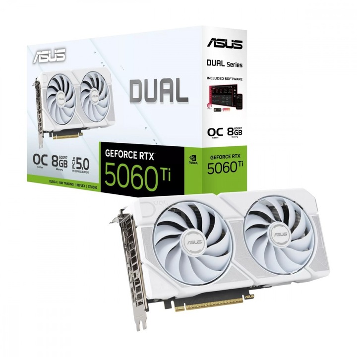 Видеокарта ASUS Dual GeForce RTX 5060 Ti, видеокарта, 8 GB GDDR7, PCIe 5.0, 128-битова шина, HDMI, 3x DisplayPort, активно охлаждане с 2 вентилатора, бяла