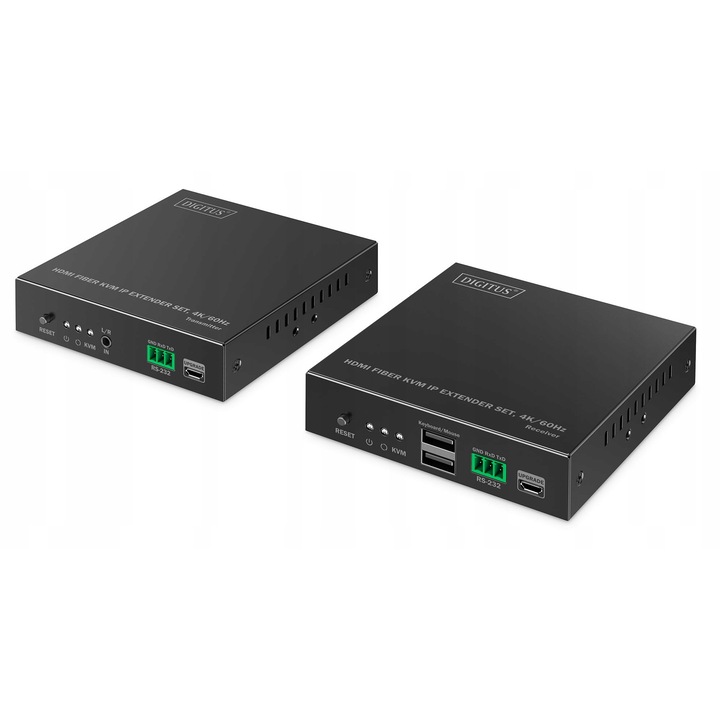 2 darabos készlet, Digitus DS-55348 HDMI KVM Extender, 4K/60Hz UHD, optikai szálas átvitel 40 km (SM)/300 m (MM), SFP LC/SC támogatás, KVM funkció a vevőegységen, Fekete