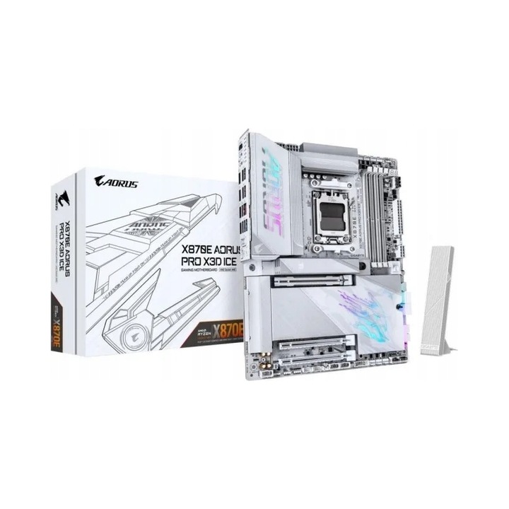 Дънна платка Gigabyte X870E AORUS PRO X3D ICE, цокъл AM5, ATX, DDR5 до 256GB, PCIe 5.0, USB4, Wi-Fi 7 (802.11be), Ethernet 2.5G/5G, бяла, 1 бр