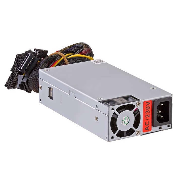 Akyga AK-I1-200 tápegység / adapter, 200W Flex ATX 1U mini ITX kompatibilis, aktív PFC, 3x SATA, ventilátorral, ezüst, 1 db