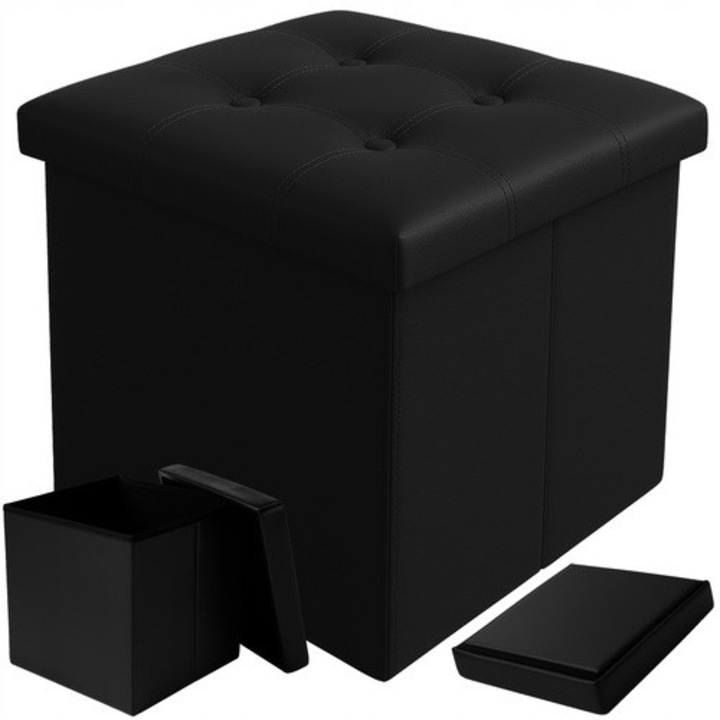 Puff/Tároló zsámoly BNTrade, összecsukható, PU műbőrből, vízálló, 39 l kapacitás, max. terhelés 100 kg, fekete, 1 db