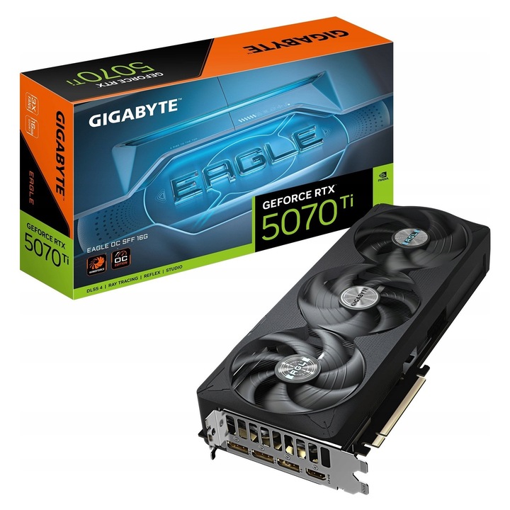 Placa video Gigabyte GeForce RTX 5070 Ti Eagle OC SFF, 16GB GDDR7, 256-bit, PCI Express 5.0 x16, 3x DisplayPort, 1x HDMI, 3 ventilatoare, iluminare LED, negru
