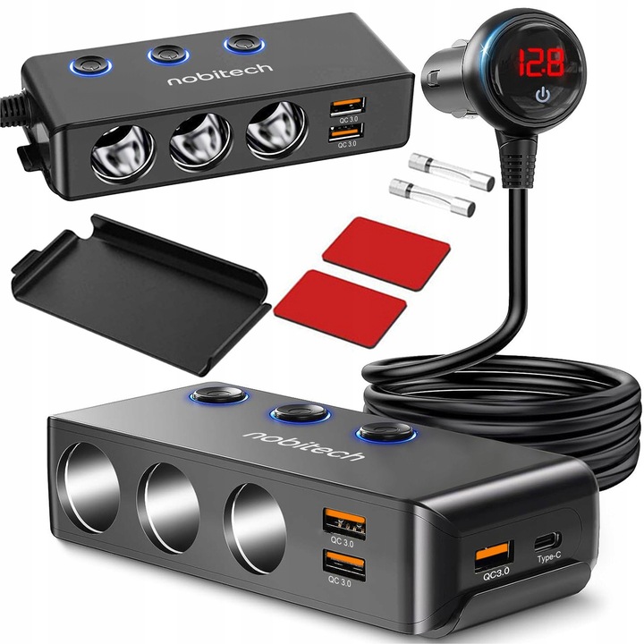Nobitech CA01 autós elosztó, 3x szivargyújtó aljzat, 3x USB QC 3.0 + 1x USB-C PD36W, digitális feszültség kijelző, egyedi kapcsolók, Fekete, 1 db