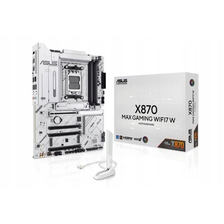 Placa de baza ASUS X870 MAX GAMING WIFI7 W (motherboard), socket AM5, chipset X870, DDR5 pana la 8000 MHz, PCIe 5.0, USB4, Wi‑Fi 7, Bluetooth 5.4, 2.5Gb Ethernet, RGB LED, alb, ATX