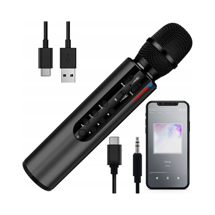 Microfon karaoke Nobitech M6 wireless Bluetooth negru 25x5cm