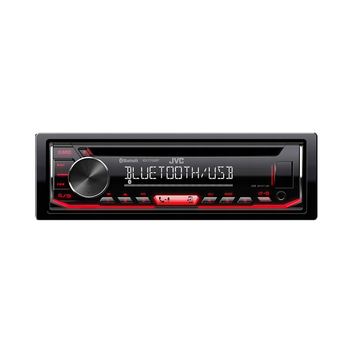 JVC KD-T702BT autórádió, CD, előlapi USB port, Bluetooth 3.0 (A2DP/AVRCP), 1 DIN, 200 W (4x50 W), 13 sávos hangszínszabályzó, RDS, Fekete