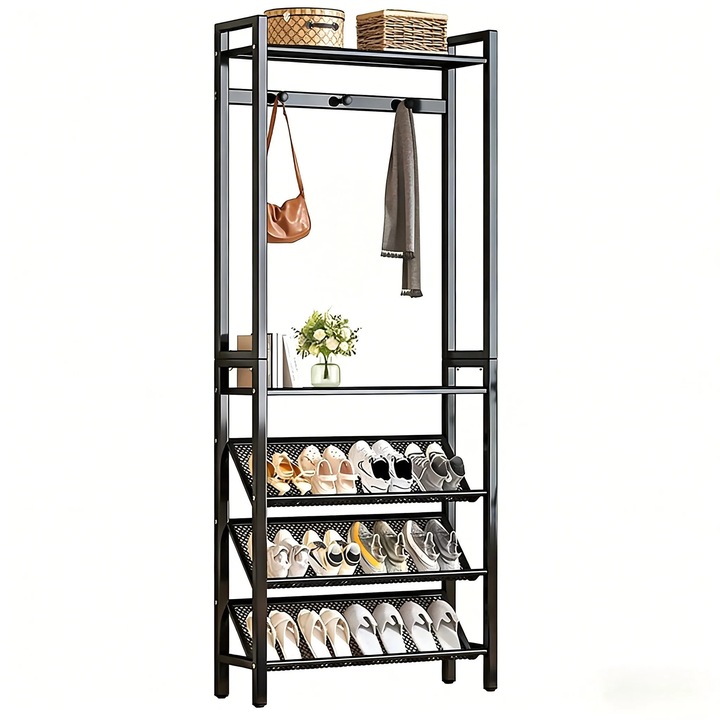 Organizator hol, pantofar cu cuier, 180 cm inaltime, cadru din otel, bara pentru haine si carlige, pentru pantofi si genti, negru