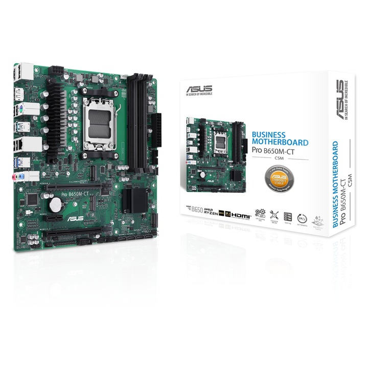 Placa de baza ASUS Pro B650M-CT-CSM, Soclu AM5, Chipset AMD B650, DDR5-7600+ (OC), mATX, M.2 PCIe 4.0, Verde, 1 buc