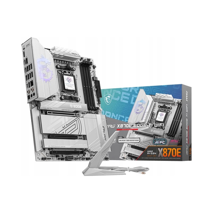 Дънна платка MSI MPG X870E EDGE TI WIFI, дънна платка Socket AM5, DDR5 4x DIMM до 256 GB, Wi‑Fi 7 и Bluetooth 5.4, PCIe 5.0, Сребристо-бял, ATX