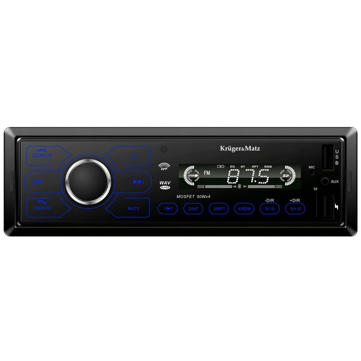 Kruger&Matz KM2013 autórádió, Bluetooth, 2x USB (1x lejátszás / 1x töltés), 2x AUX bemenet, microSD foglalat, MP3/WAV/WMA, 1 DIN, 4 x 50W, Fekete kék világítással