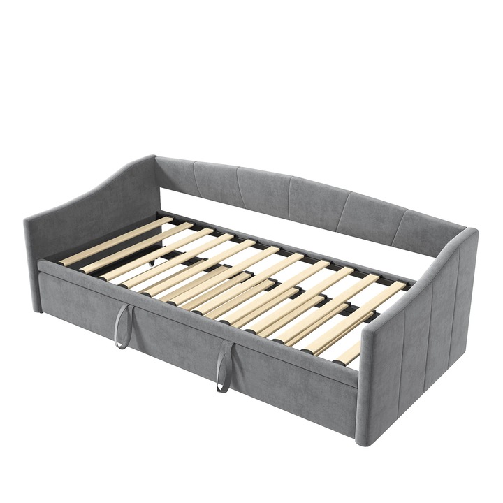 Canapea extensibila, canapea-pat 2-in-1 rabatabila, Dimensiune 90/180 x 200 cm, Forma U, Catifea, Cadru din lemn, Stil modern minimalist, Gri