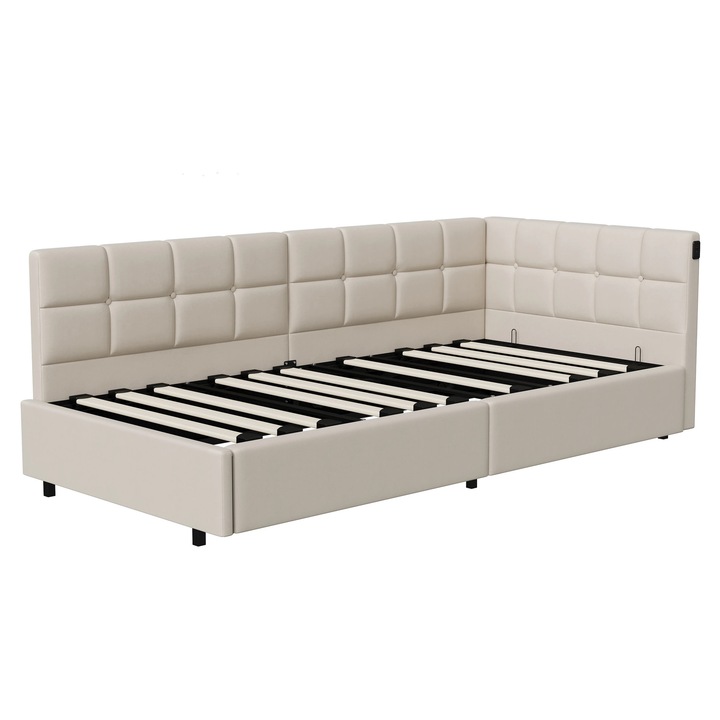 Kihúzható kanapé, L-alakú egyszemélyes ágy 90x200 cm, Hidraulikus mechanizmus, LED világítás, USB port, Tárolóhely, Bársony kárpit, Bézs