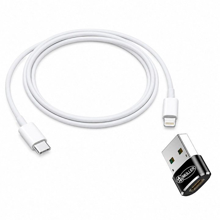 Cablu Compatibil iPhone 12 / 12Pro / 11 / 11Pro / 11Pro MAX / XS / XS MAX / XR / X / 8 / 8Plus, Lightning la USB‑C, 1 m, Fast Charge + Adaptor OTG Müller® USB‑C la USB