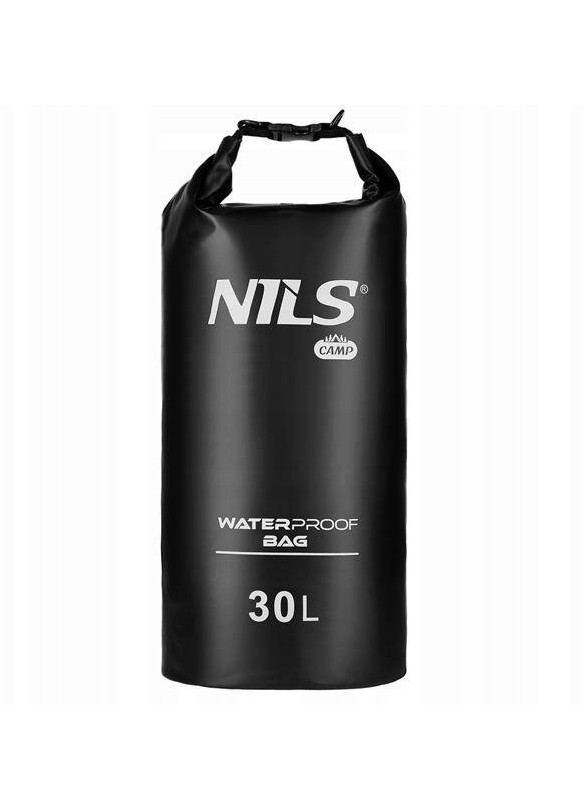 Nils Camp NC1703 vízálló hátizsák/szárazzsák, 500D PVC/poliészter, 100% vízálló, 2 állítható pánttal és feltekerhető klipszes záródással, Fekete, 30L
