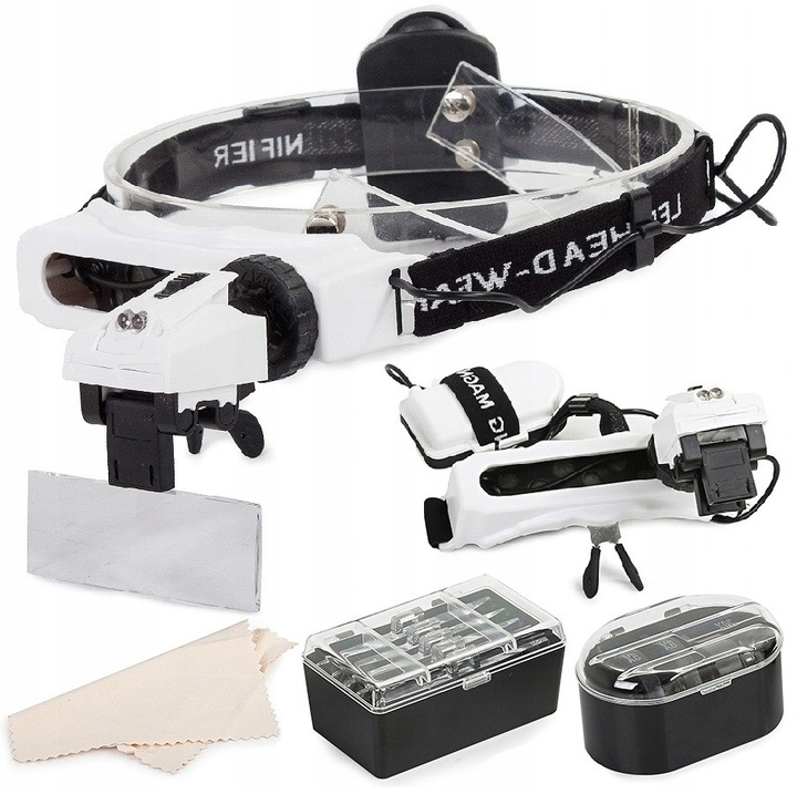 Lupa de cap BNTrade cu 8 lentile interschimbabile, mariri 1x/1.5x/2x/2.5x/3.5x/5x/8x/20x, iluminare 2x LED reglabila, negru/alb, 1 set