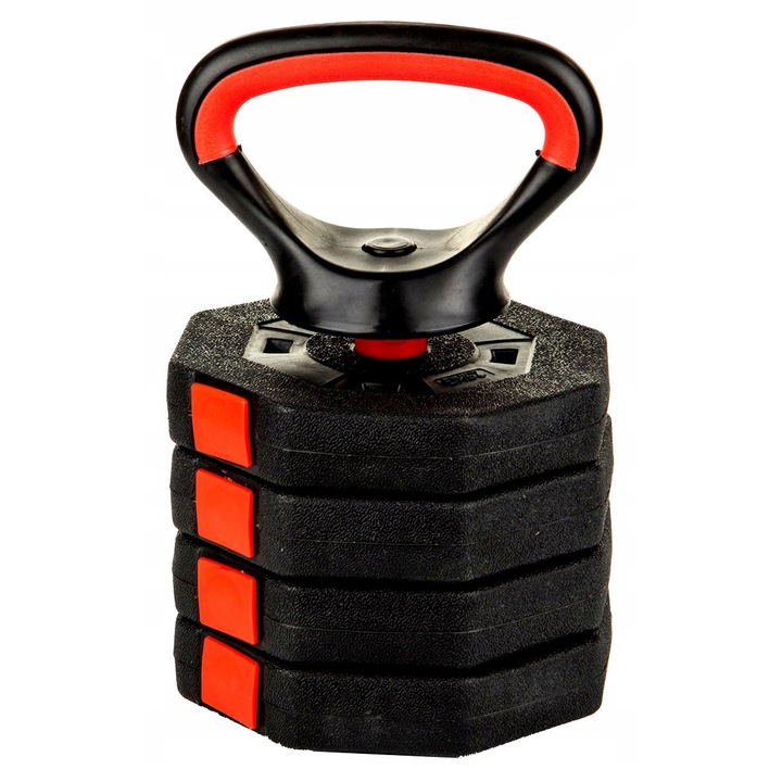 Kettlebell reglabil Eb Fit, cu discuri 4 x 2,5 kg, maner ergonomic antiderapant, forma hexagonala, negru/rosu, 10 kg