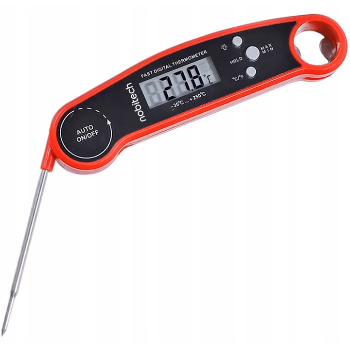 Nobitech KT04 digitális konyhai hőmérő, 11,1 cm-es rozsdamentes acél szondás hőmérő, LCD kijelző háttérvilágítás, -50°C–300°C mérés, min/max, HOLD funkció, mágnesek és sörnyitó, piros/fekete, 1 db