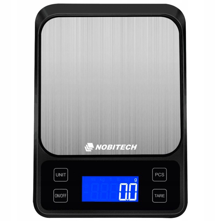Nobitech KS03 konyhai mérleg, elektronikus asztali mérleg, LCD, 0,1 g pontosság, 5 kg kapacitás, rozsdamentes acél felület, TARE és PCS funkció, AAA elemek mellékelve, Fekete, 1 db