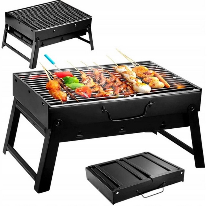 Falcon hordozható összecsukható bőrönd típusú grill, ráccsal együtt, gyors szerszám nélküli összeszerelés, méretek 35x20x27 cm, Fekete, 1 db
