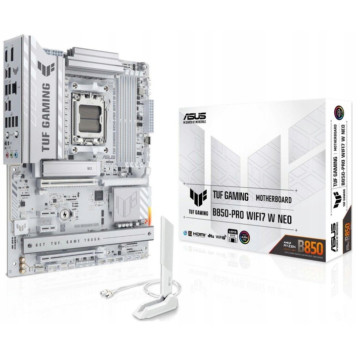 Placa de baza ASUS TUF GAMING B850-PRO WIFI7 W NEO, Soclu AM5, Memorie DDR5 pana la 256 GB, Wi‑Fi 7 (802.11be), Ethernet 2.5 Gigabit, ATX, M.2, SATA III, Alb, 1 buc