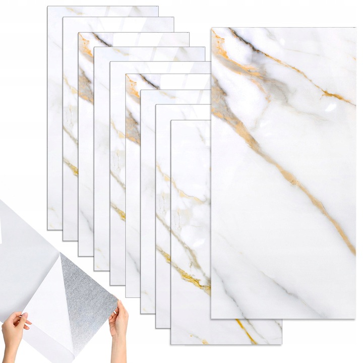 Комплект от 10 броя, Самозалепващи се стенни панели Domzpaneli Marble, от XPE пяна, миещи се, гланцов PVC ламинат, Многоцветни, 10 x 30x60 см, 1,8 м2