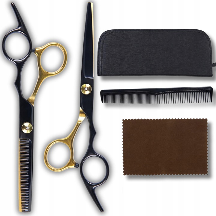 Set 5 piese, foarfeci de frizer din otel japonez inoxidabil, ergonomice cu suport deget si surub reglabil, include foarfeca de filat, pieptene, etui si laveta velur, Negru/auriu, 6'' (17 cm)