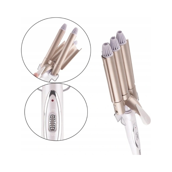 Маша за коса Kemei KM-1010 waver, 3 керамични тръби, функция йонизация, регулиране на температурата 170/220°C, бързо загряване 30s, бял/златист, 1 бр