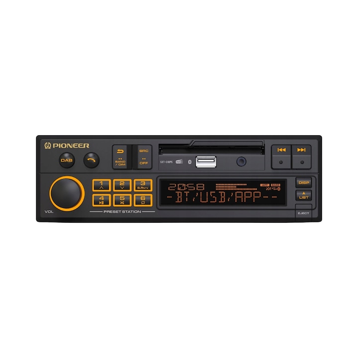 Автомобилно радио Pioneer SXT-C10PS ретро, DAB+ цифрово, Bluetooth, скрит преден USB, MP3/FLAC, 4x50W MOSFET, RGB осветление, 1 DIN, матово черно, 1 бр.