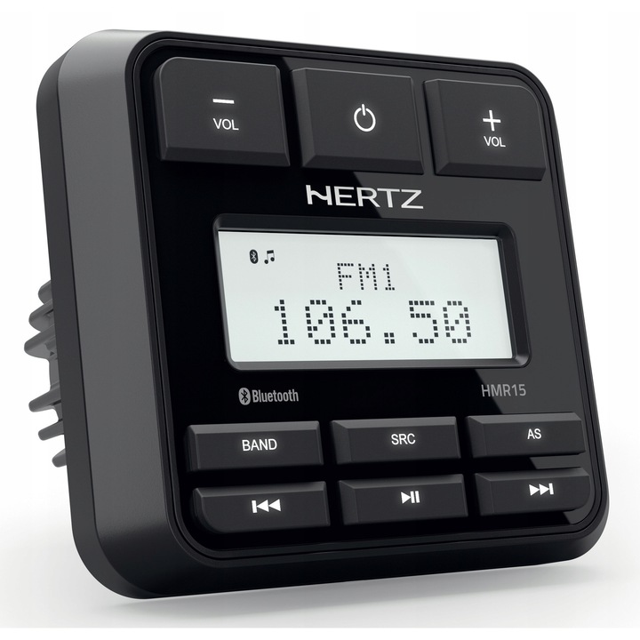 Hertz HMR 15 tengeri rádió, Bluetooth 5.0, USB és AUX, MP3 lejátszó, IP66 előlap, 4x50 W csúcsteljesítmény, 2,8 hüvelykes kijelző, fekete, 1 db