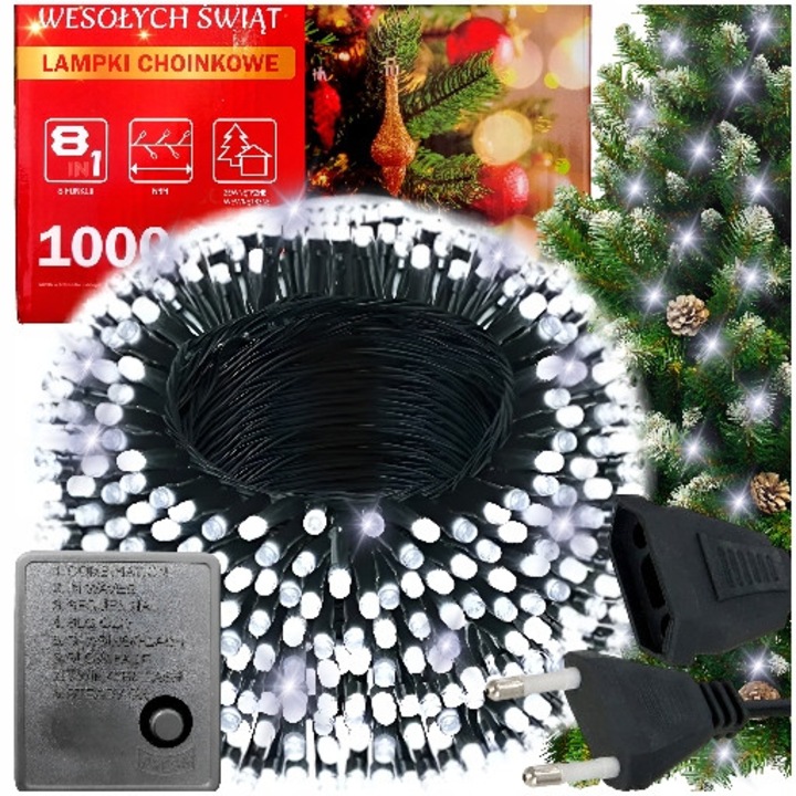 Светеща инсталация / LED гирлянд MAXSELL 1000 LED, 8 режима с програматор, водоустойчив IP44, студено бяло, 63м