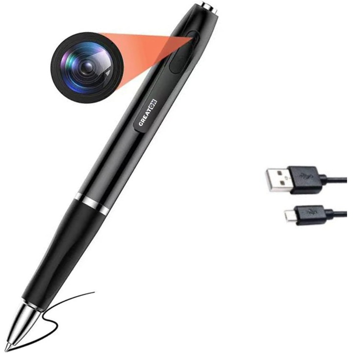 GREATON Kém Toll Rejtett 2K Kamerával, Mikrofonnal, Audio-Video és Fotó Felvétellel, 32GB MicroSD Foglalattal, USB Csatlakozással, Kábellel, Fekete