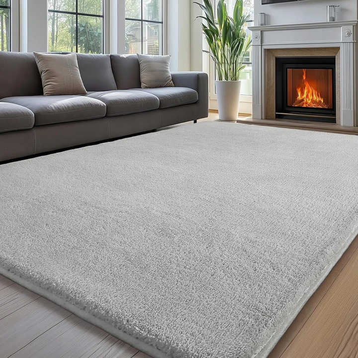 Covor/Tapis Sour Lemon Shaggy antiderapant din lana sintetica, cu spuma 10 mm si inaltime par 2 cm, Gri deschis/crem, 200 x 300 cm