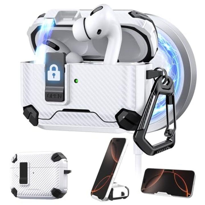 Husa protectie / carcasa pentru AirPods 3, TPU+PC, cu blocare automata magnetica si suport reglabil stand, Carbon Fiber, Alb, Compatibil AirPods 3 (2025)