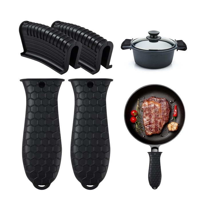Szilikon fogantyúvédők, hőállóak 232°C-ig, élelmiszeripari szilikonból, univerzális illeszkedés 18–33 mm, hossza 11 cm, mosogatógépben mosható, fekete, 4 darabos készlet